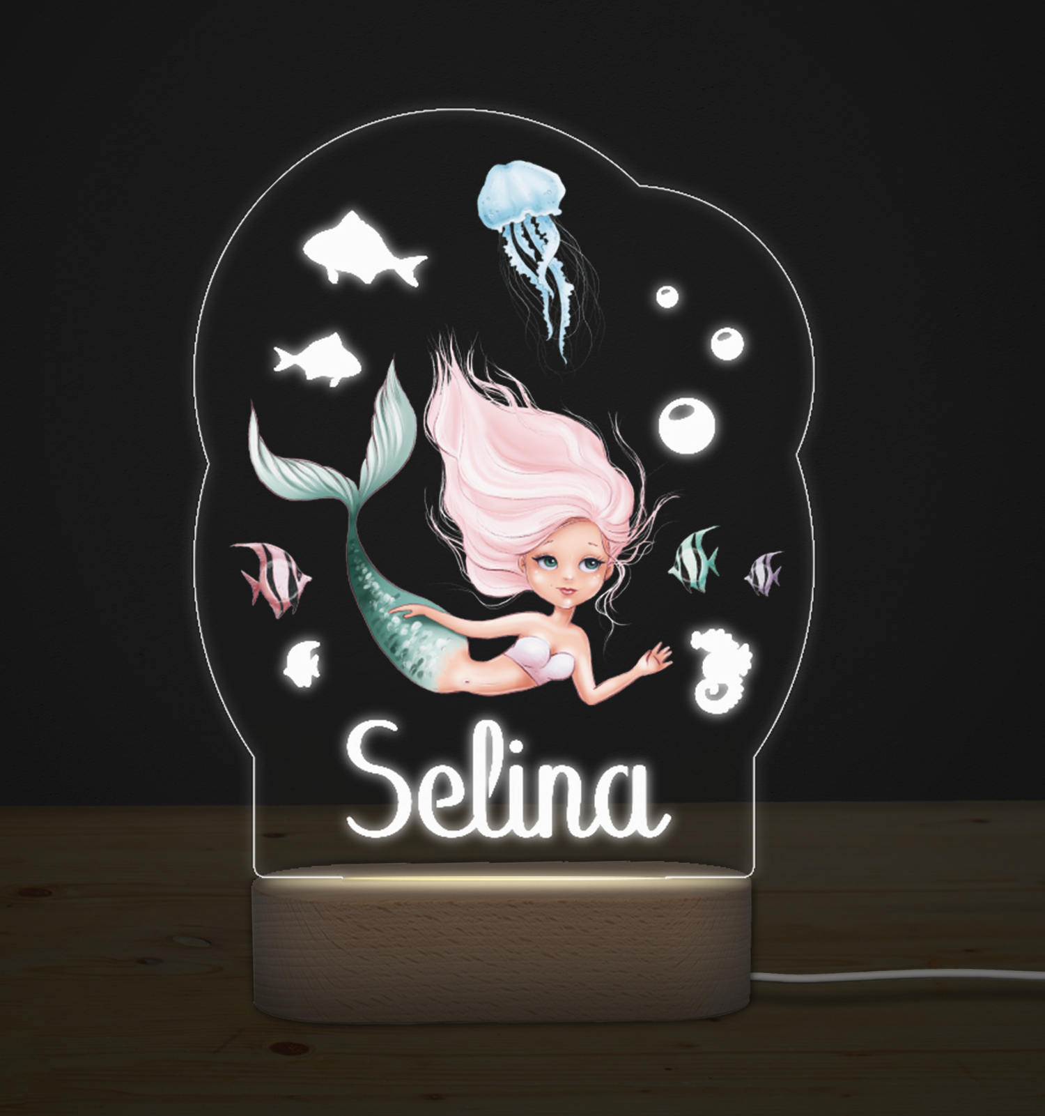 Nachtlicht aus Acryl-Glas mit Unterwasserwelt, Meerjungfrau und persönlichem Namen