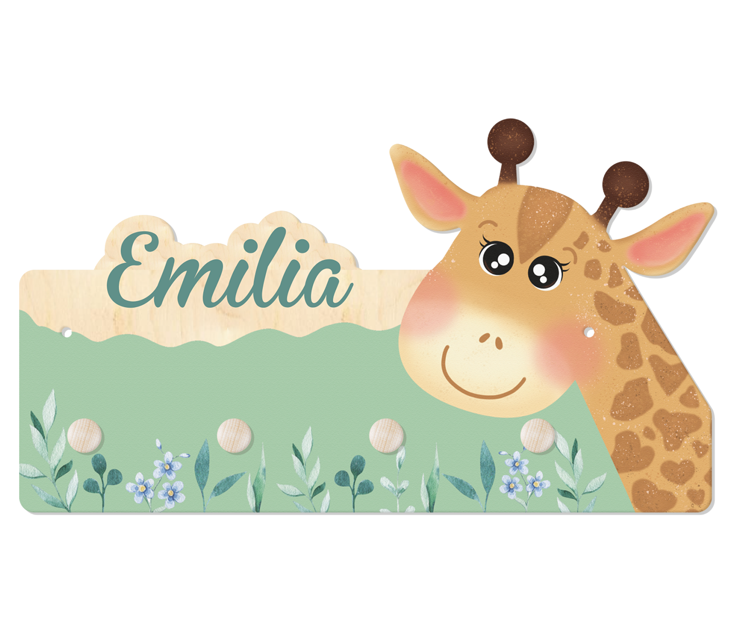 Der Name ist personalisiert, eine lächelende Giraffe und Blumen auf einer Wiese zieren diese Garderobe.