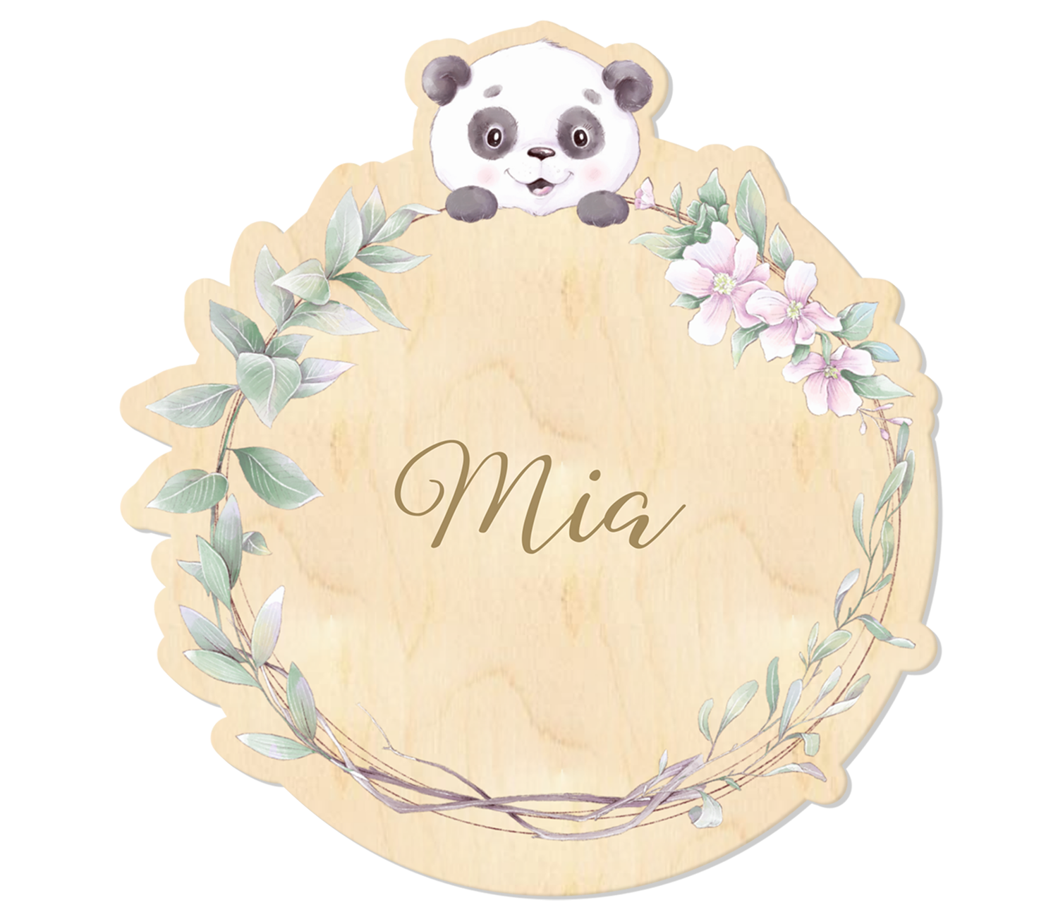 Auf das Holzschild sind Blumen und ein Panda aufgedruckt, der personalisierte Name ist eingraviert.