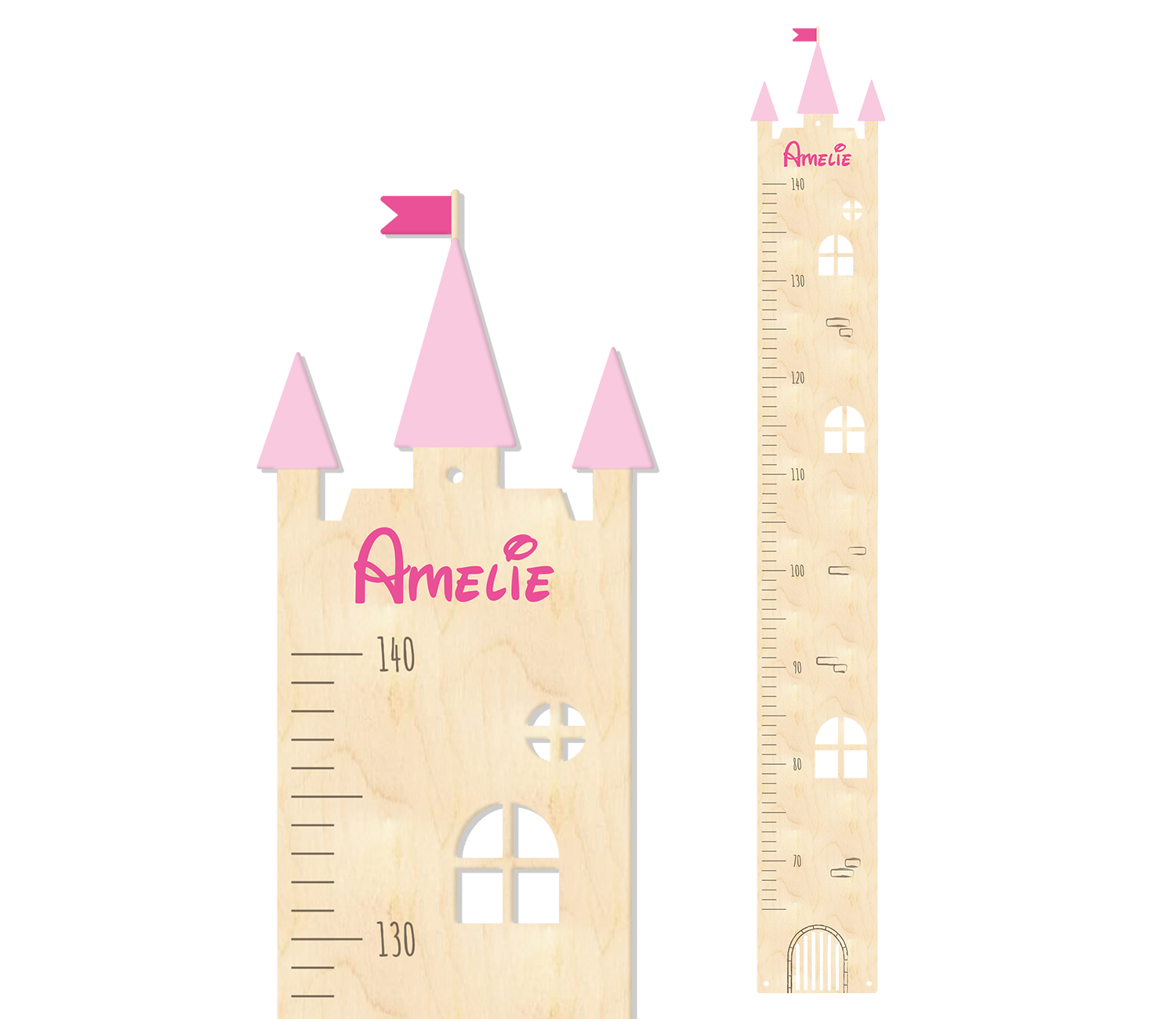 Messlatte Burg aus Holz mit Märchenturm und Name in Pink