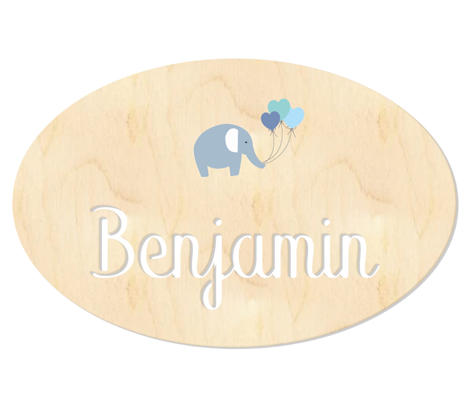 Namensschild aus Holz mit kleinem Elefanten und gelasertem Babynamen