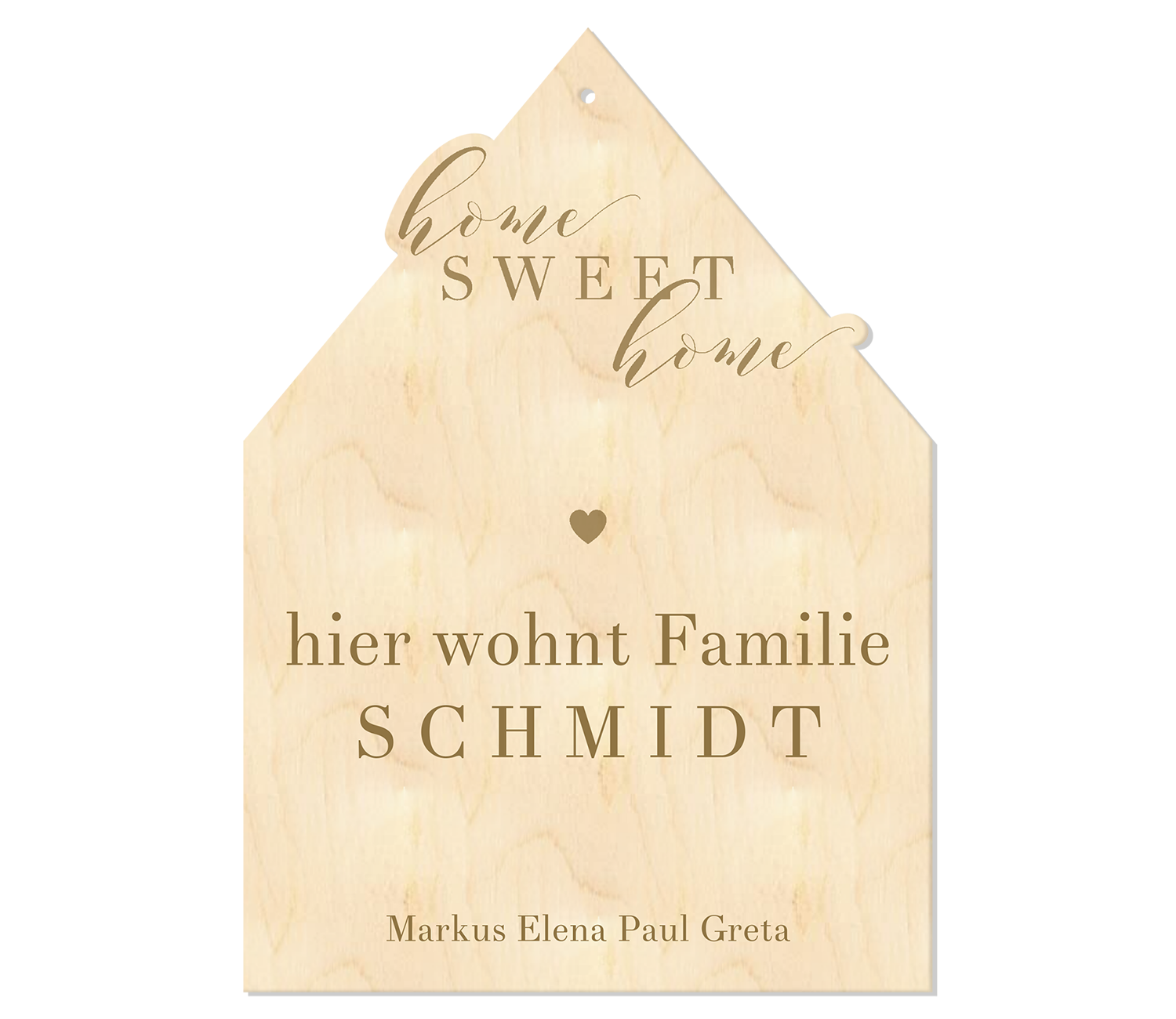 Das Familienschild Sweet Home ist auf Holz graviert, Der Familienname und die Familienmitglieder sind personalisiert. 