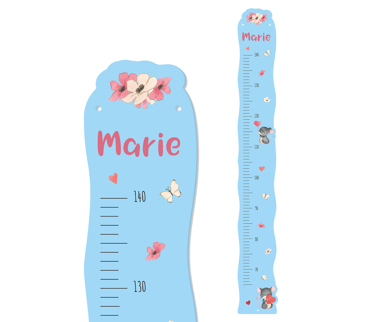 Messlatte mit Maus, Blumen und Namen in Blau