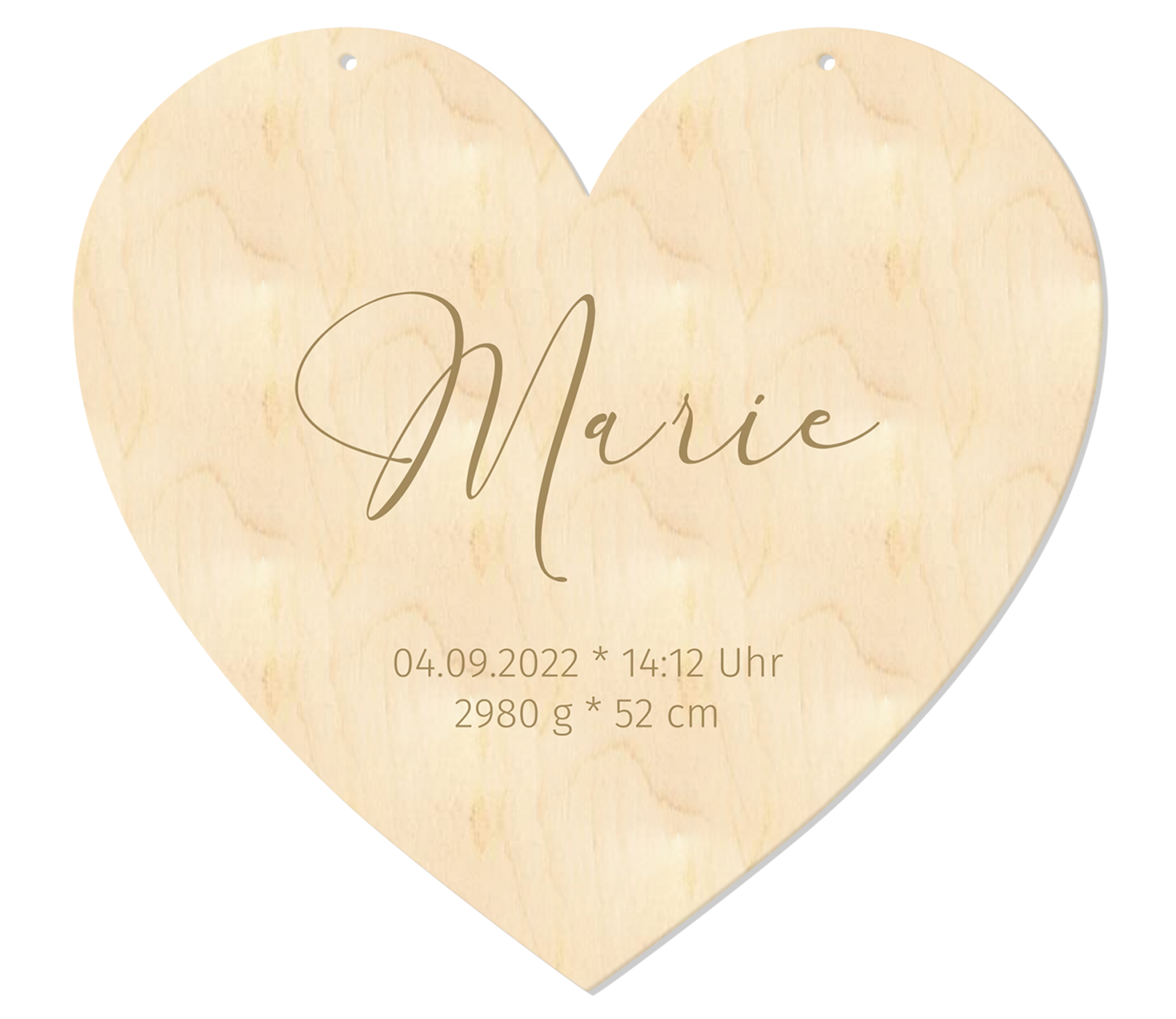 Personalisierte Geburtstafel aus Holz in Herzform mit Gravur