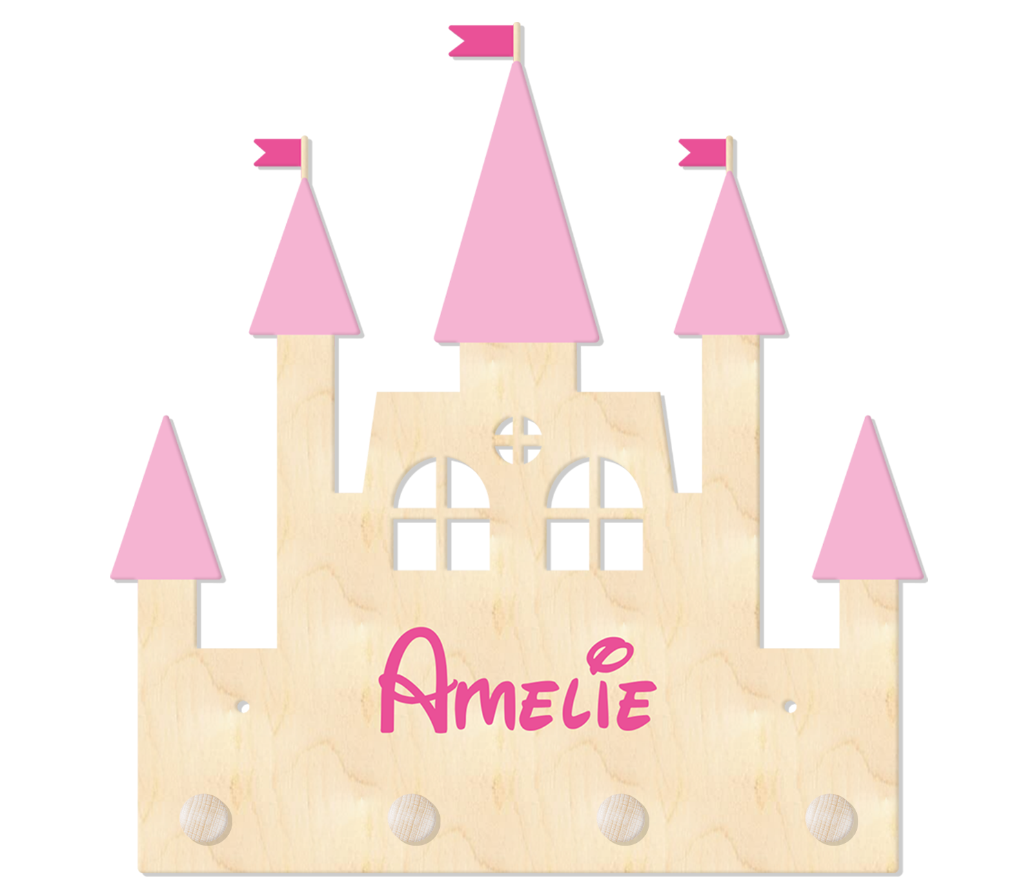 Kindergarderobe aus Holz in Form eines Schlosses mit rosa Türmchen und dem Kindernamen