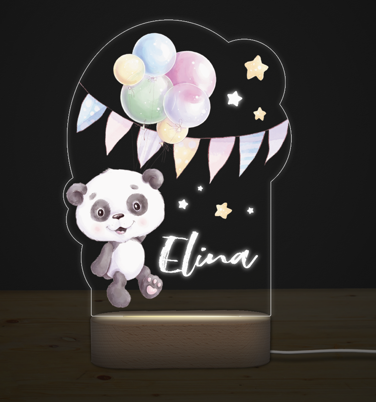 Nachtlicht aus Acrylglas und Buchenholz bedruckt mit Pandabär und eigenem Namen