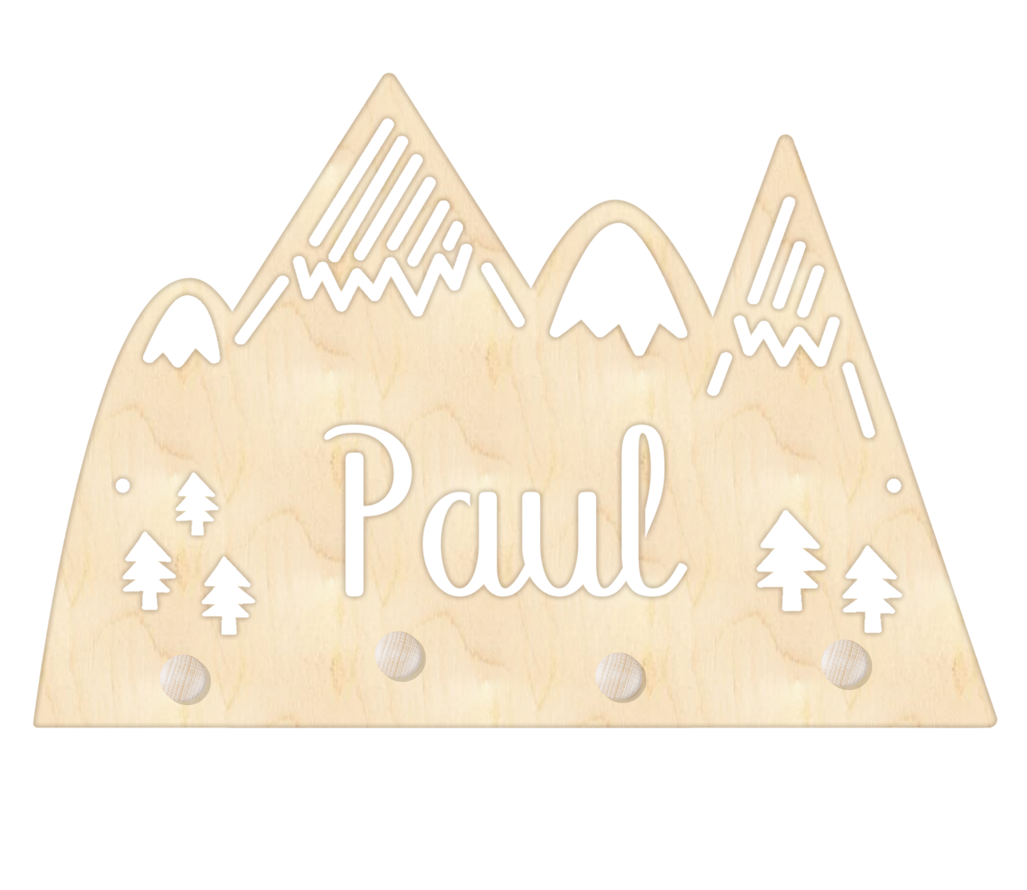 Garderobe aus Holz mit Berge und Bäume als Lasergravur