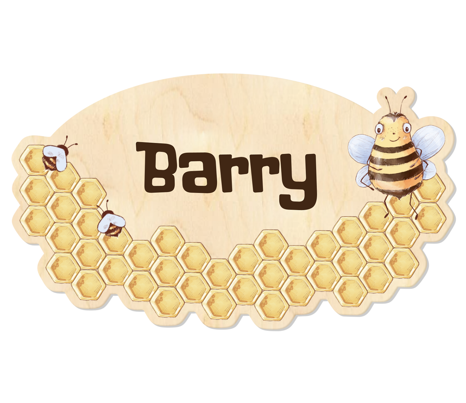 Türschild aus Holz, bedruckt mit Biene, Honigwaben und dem Namen des Kindes