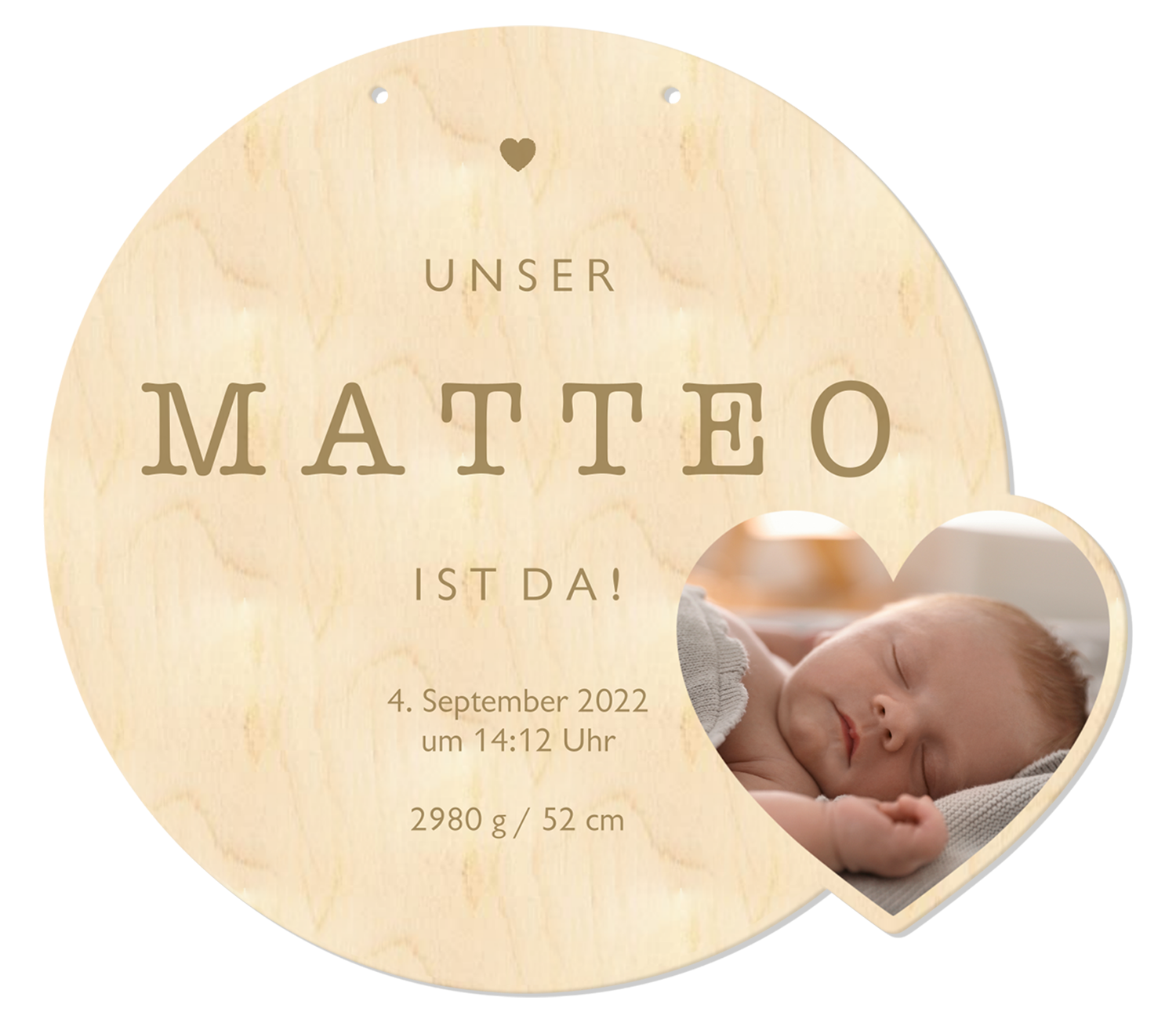 Geburtstafel aus Holz mit gravierten Geburtsdaten und aufgedrucktem Babyfoto